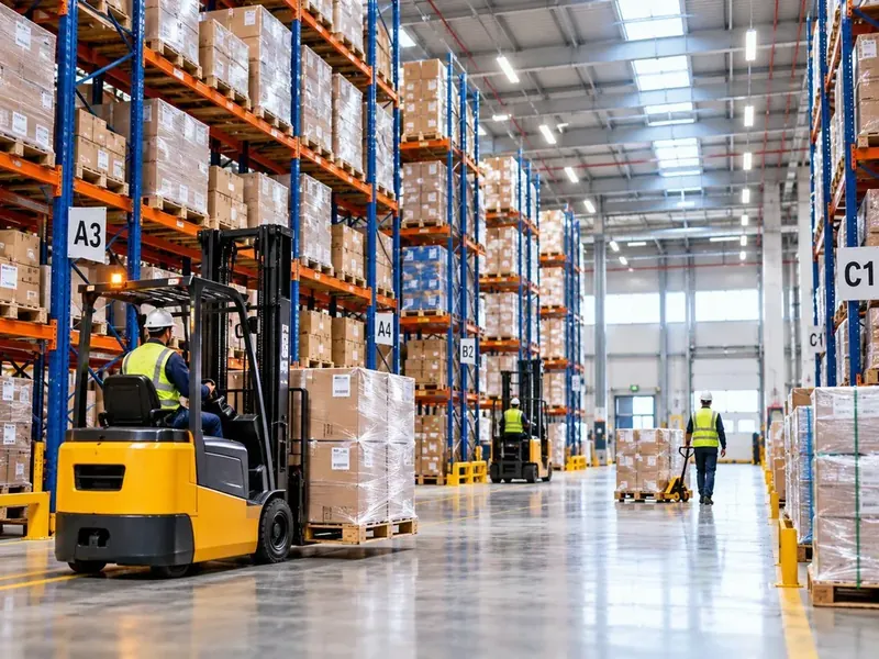 Workers in a large empty warehouse